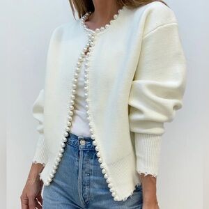 Pearl Trim Ripped Hem Cardigan - Cream Commense